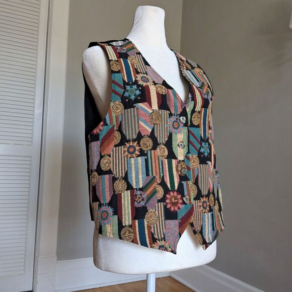 Vintage 90s Mirrors Tapestry Vest Award Ribbons Medals Funky Dark Academia Large - Picture 3 of 10